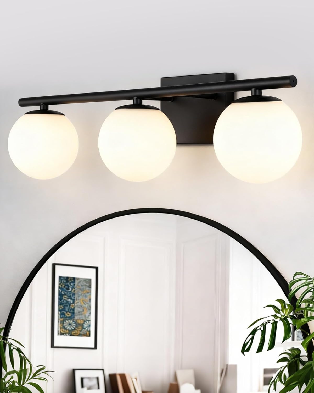 New Bathroom Vanity Light Fixtures 3 Lights Brushed Black Milk White Globe Glass Shade Modern Wall Bar Sconce Over Mirror (Exclude G9 Bulb)