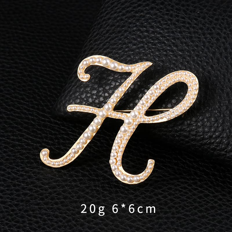 Image of Gold Initial Letter A-Z Brooch Pin Imitation Pearl Initial Letter Pin Gold 26 Alphabets Badges Breastpin for Women Girls Clothing Hat Bags Decor (H)
