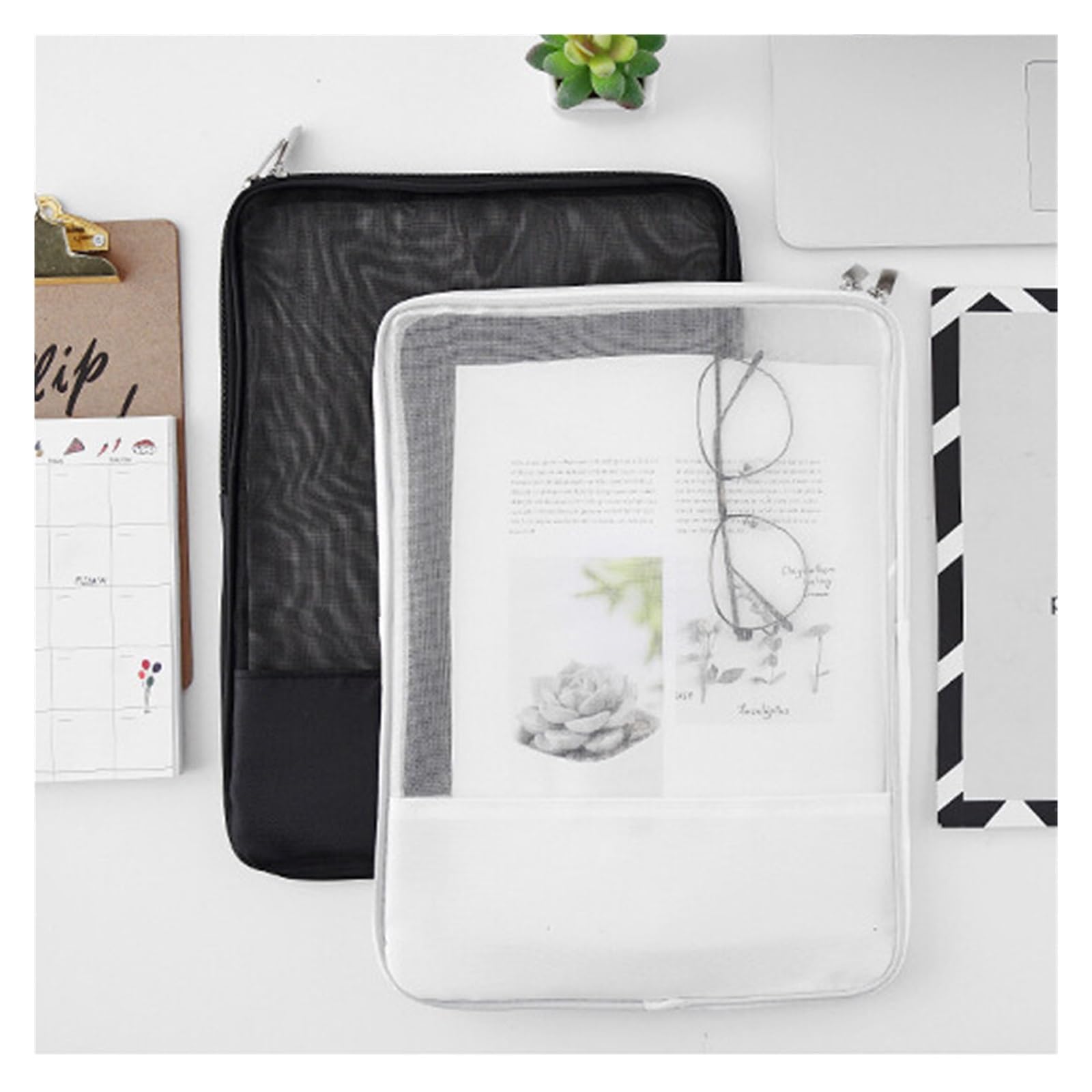 Borse con zip a rete Borsa con cerniera in rete Cartelle tascabili di grandi dimensioni Borsa con cerniera in rete Cartella portadocumenti traslucida for libri Scatola portadocumenti(Black)