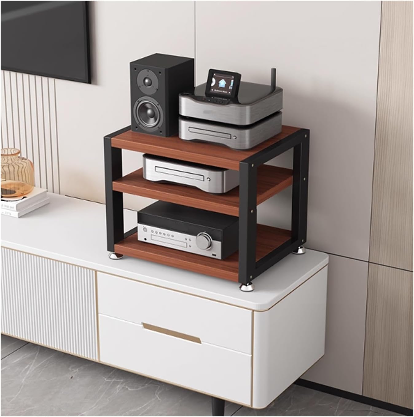 Movable Media Stand with Wooden Shelf – Portable Desktop Stereo Rack for Video, Corner Shelf Audio Components,Cabinet Storage(Black,3Tier-W45CM)