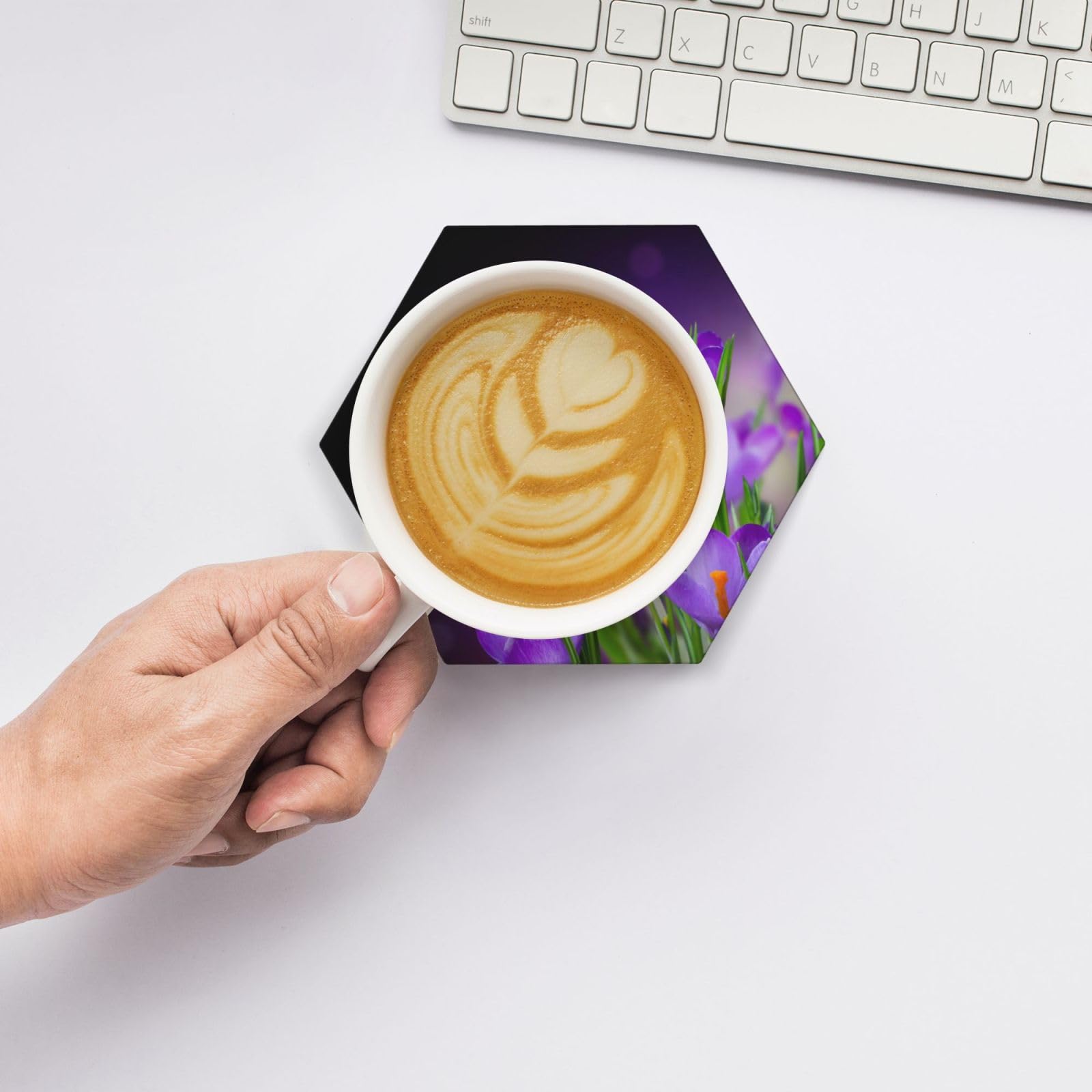 Set di 6 sottobicchieri decorativi in ceramica con foglie verdi e fiori viola stampati