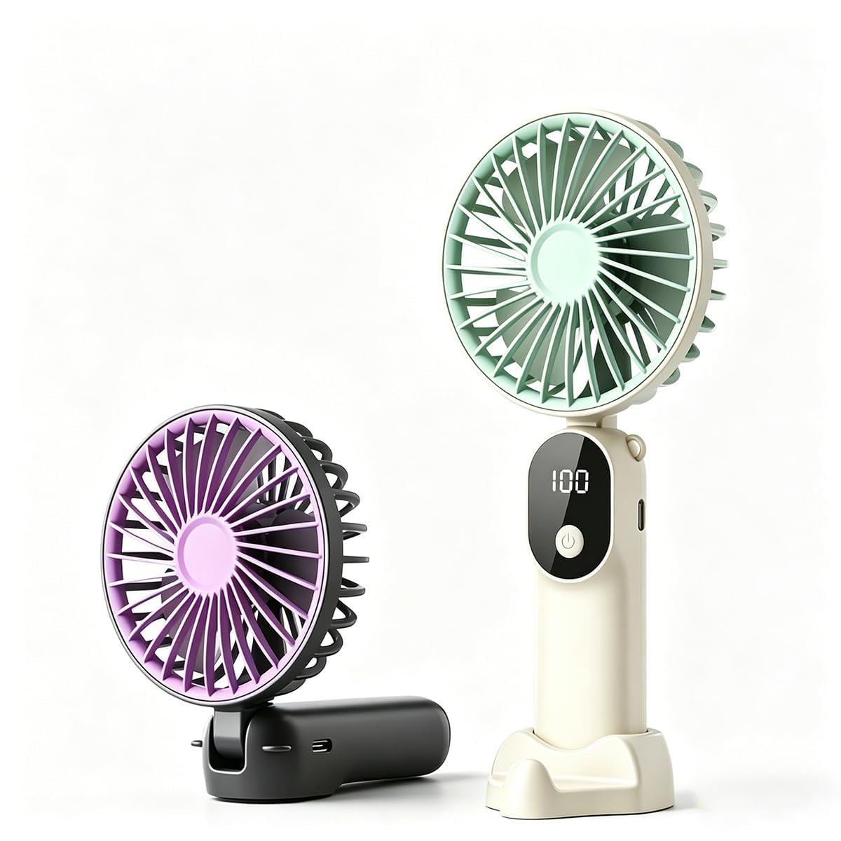 2 Pcs Portable Handheld Fans, USB Rechargeable Mini Fan with 6 Speeds & LED Display, 2600mAh Battery Up to 6H, Foldable Hand Held Fans with Neck Strap and Desk Stand for Outdoor Travel Camping