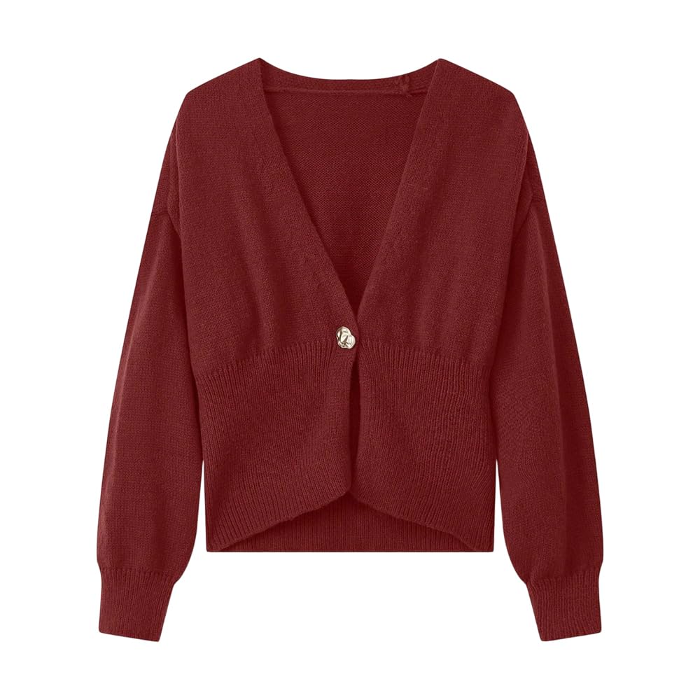 Dndrdhfb Womens Solid Color Cardigan Sweater Fall Long Sleeve V-Neck Single Button Casual Knit Outerwear
