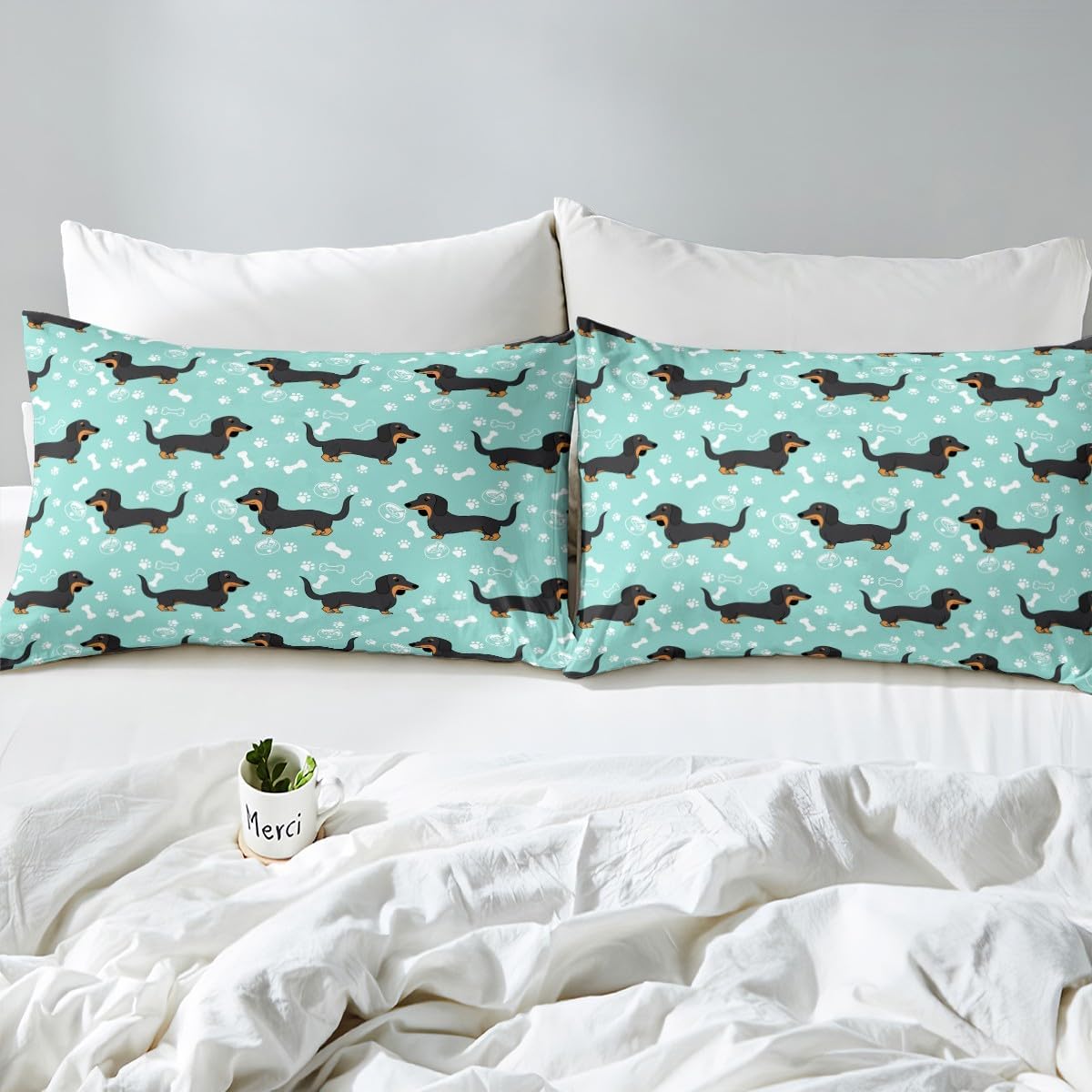 Homewish Cartoon Dachshund Bed Sheet Set Queen Size,Bones Dog Paws Hand Sketch Bedding Set for Children Adult,Cute Puppy Kawaii Pet Animal Sheet Sets with Flat, Fitted Sheet, 2 Pillowcases