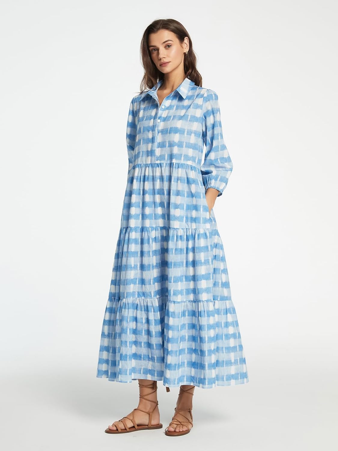 D-Sun Women Long Sleeve Maxi Dress V Neck Button Down Flowy Tiered Ruffle Shirt Dress Casual Fall Long Dresses - Image 4