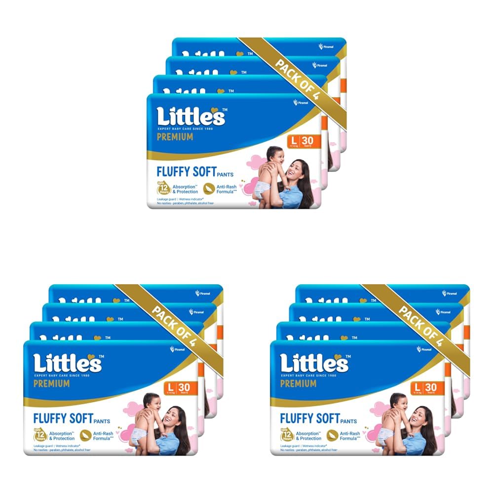 little's premium baby diapers l size (large) pants style | 9-14 kg | 120 count | fluffysoft baby diaper with leakage guard, wetness indicator & 12 hours absorption | (30 count, pack of 12)