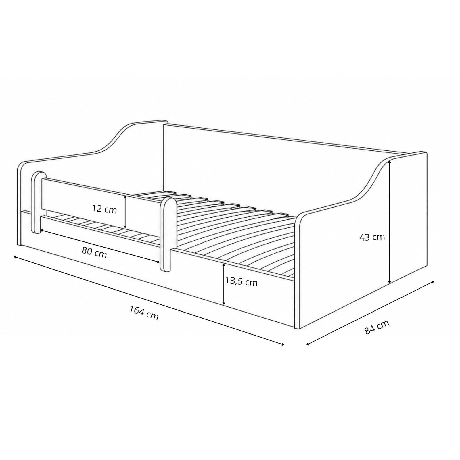KOBI Montessori Bett mit Boden, 160 x 80 cm, Weiß, ohne Matratze, sicheres Bett mit Schutzbarriere, elegant und bequem für das Kinderzimmer