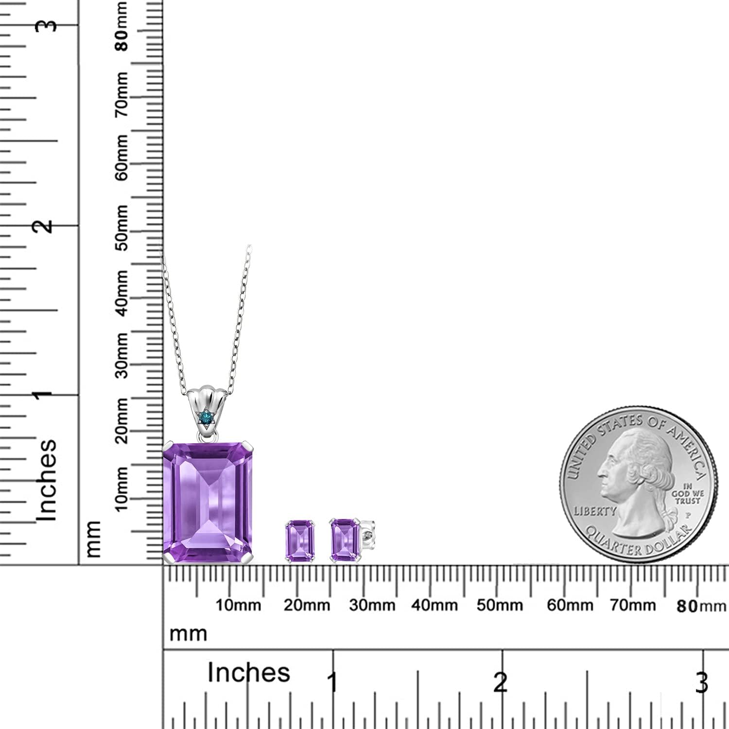 925 Sterling Silver Purple Amethyst and Blue Diamond Pendant and Earrings Jewelry Set For Women (16.07 Cttw, Gemstone February Birthstone, Emerald Cut 18X13MM and 6X4MM, with 18 Inch Chain) - Image 2