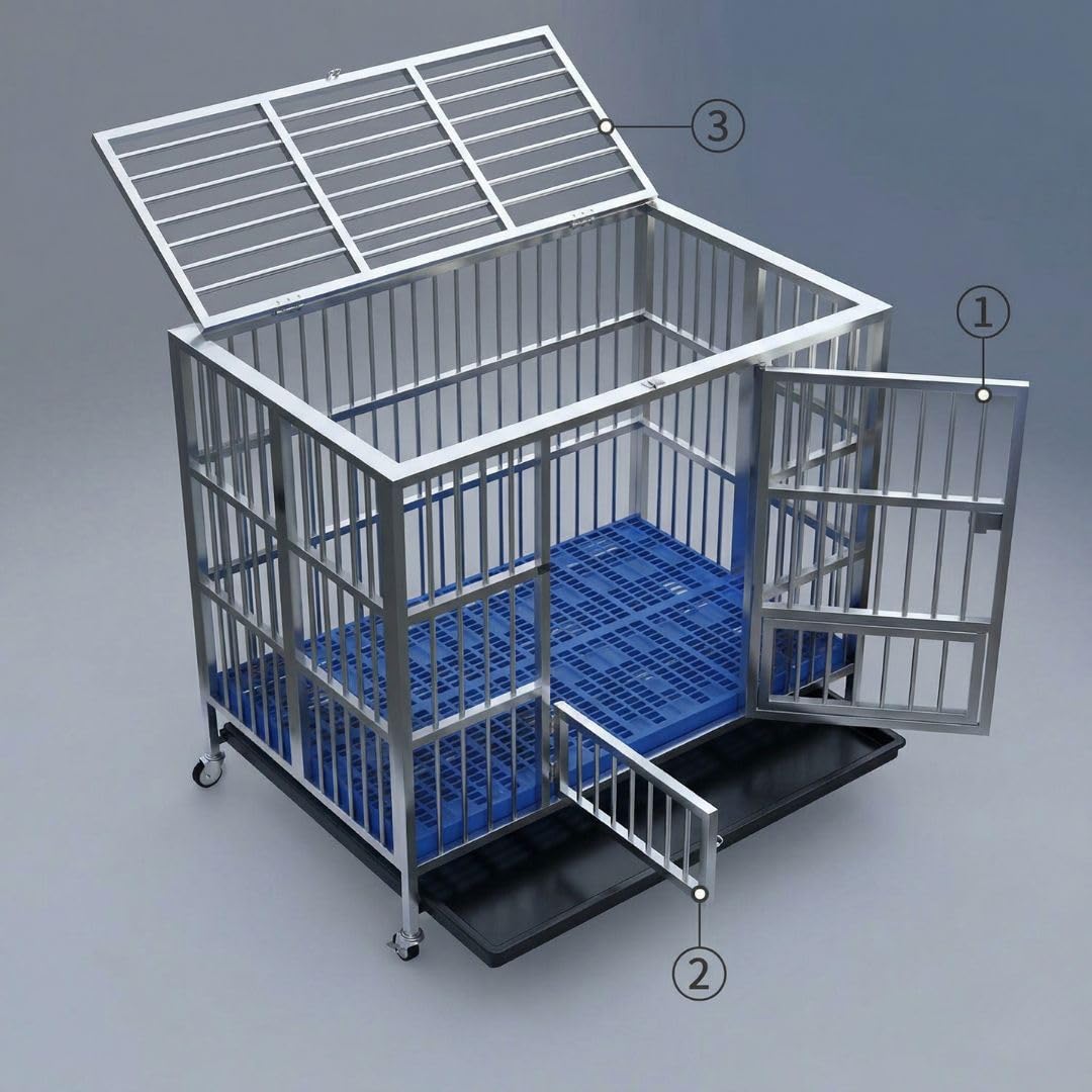 Jaula Grande Plegable para Perros de Acero Inoxidable 108 x 70 x 90 cm con Ruedas, Doble Puerta, 2 Bandejas Extraíbles y Cierre de Seguridad