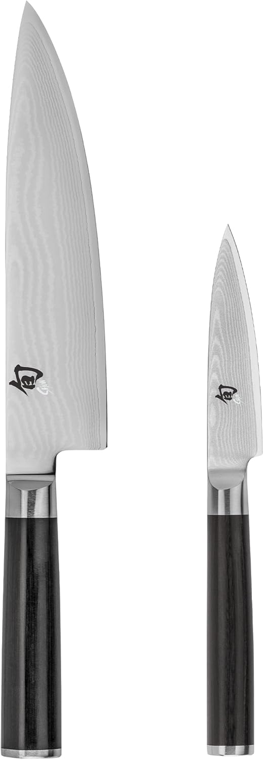 Shun Classic 2 Piece Starter Set, Includes 8" Chef and 3.5” Paring Knives, Handcrafted Japanese Knife Set, VG-MAX Core with Damascus Stainless Steel Cladding, Pakkawood Handle
