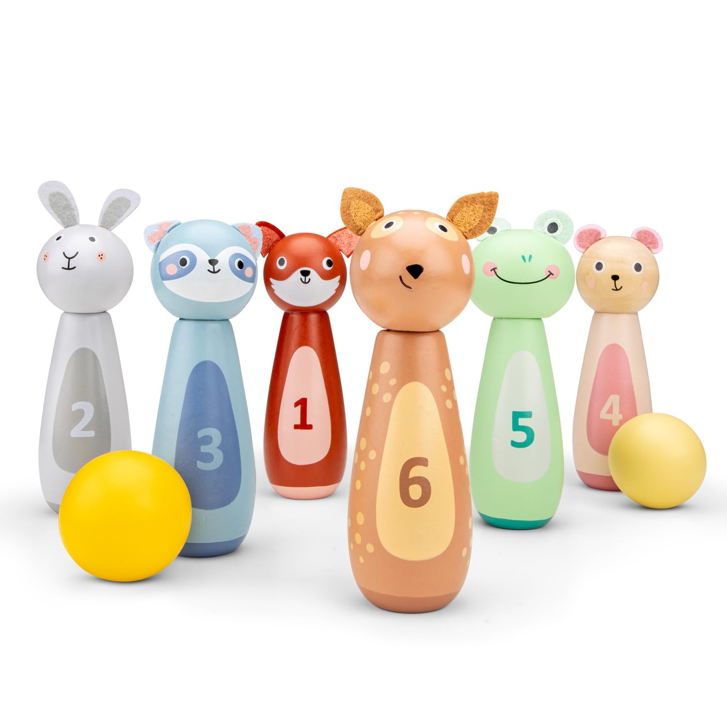 Woet Wooden Bowling Set for Kids Age 3+, 6 Animal Pins & 2 Balls, Educational Indoor Game, Colorful Numbered Animal Skittles