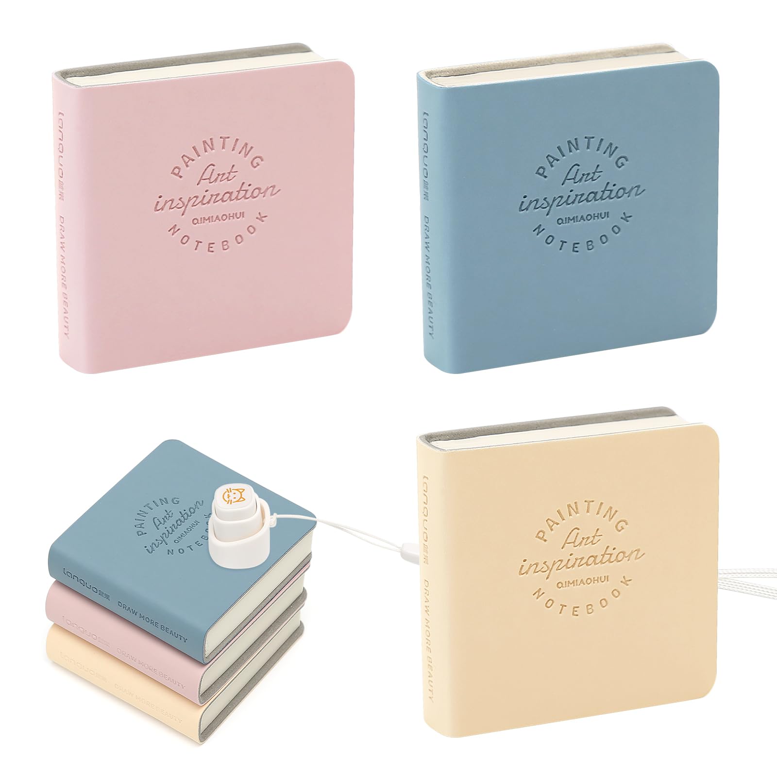 3 Pcs Mini Pocket Sketchbook Set – Tiny Watercolour Sketchbooks + Cat Stamp with Cord, Small Travel Drawing Notebook, Portable Journal for Doodles, Notes