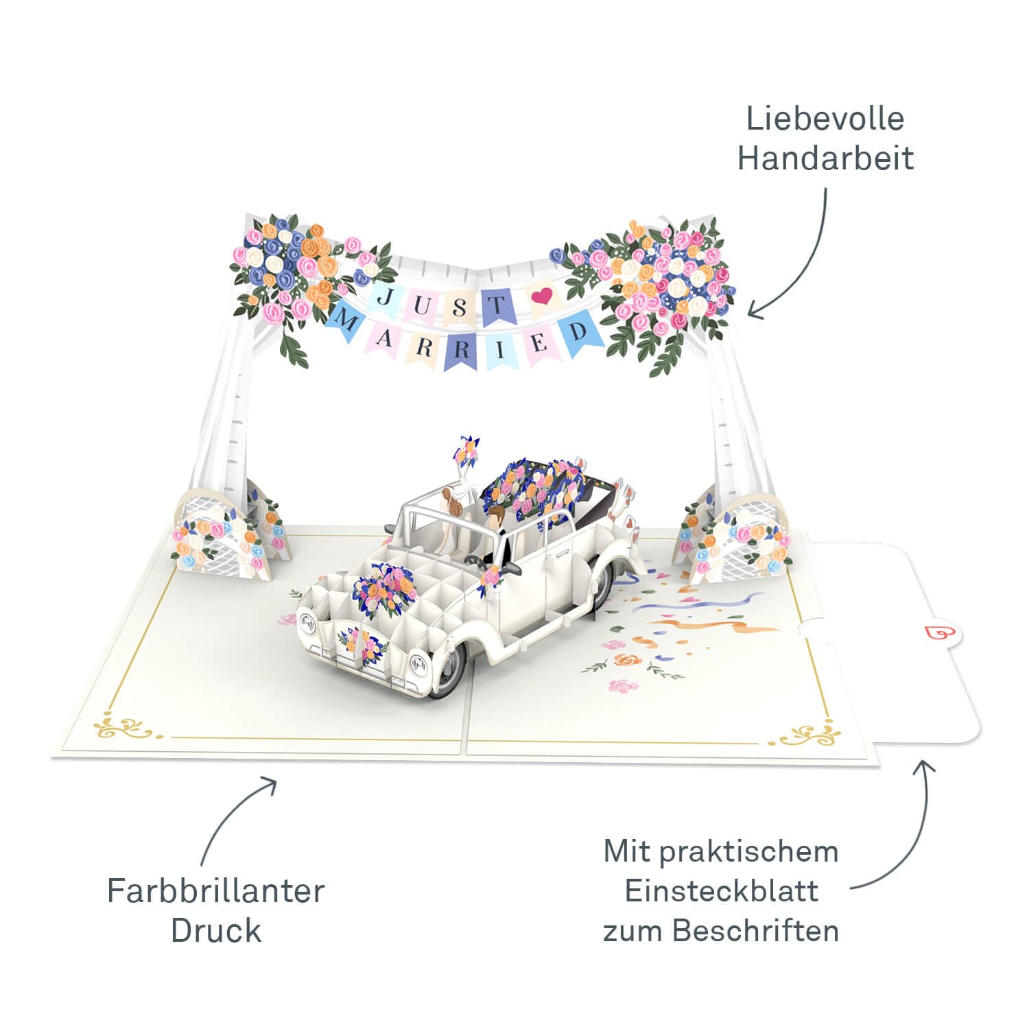 papercrush® Pop Up Card Wedding Car with Just Married Garland, Elegant 3D Wedding Card for Bride and Groom (Daughter in Law - Image 2