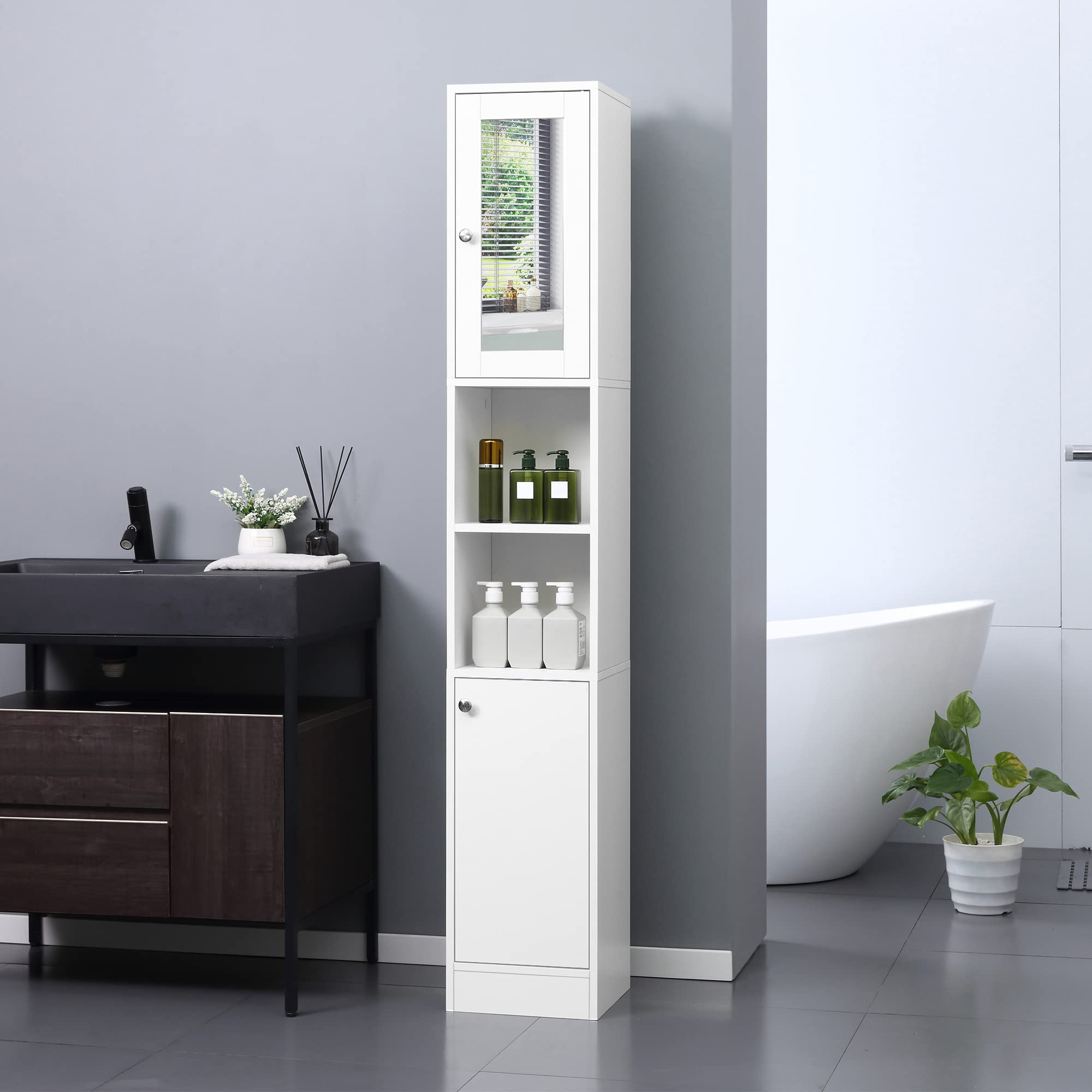 kleankin Armario Alto para Baño con Espejo Madera 30x28x180 cm Blanco | Mueble Columna de Baño, 2 Estantes Abiertos, 2 Puertas, Baldas Interiores Ajustables