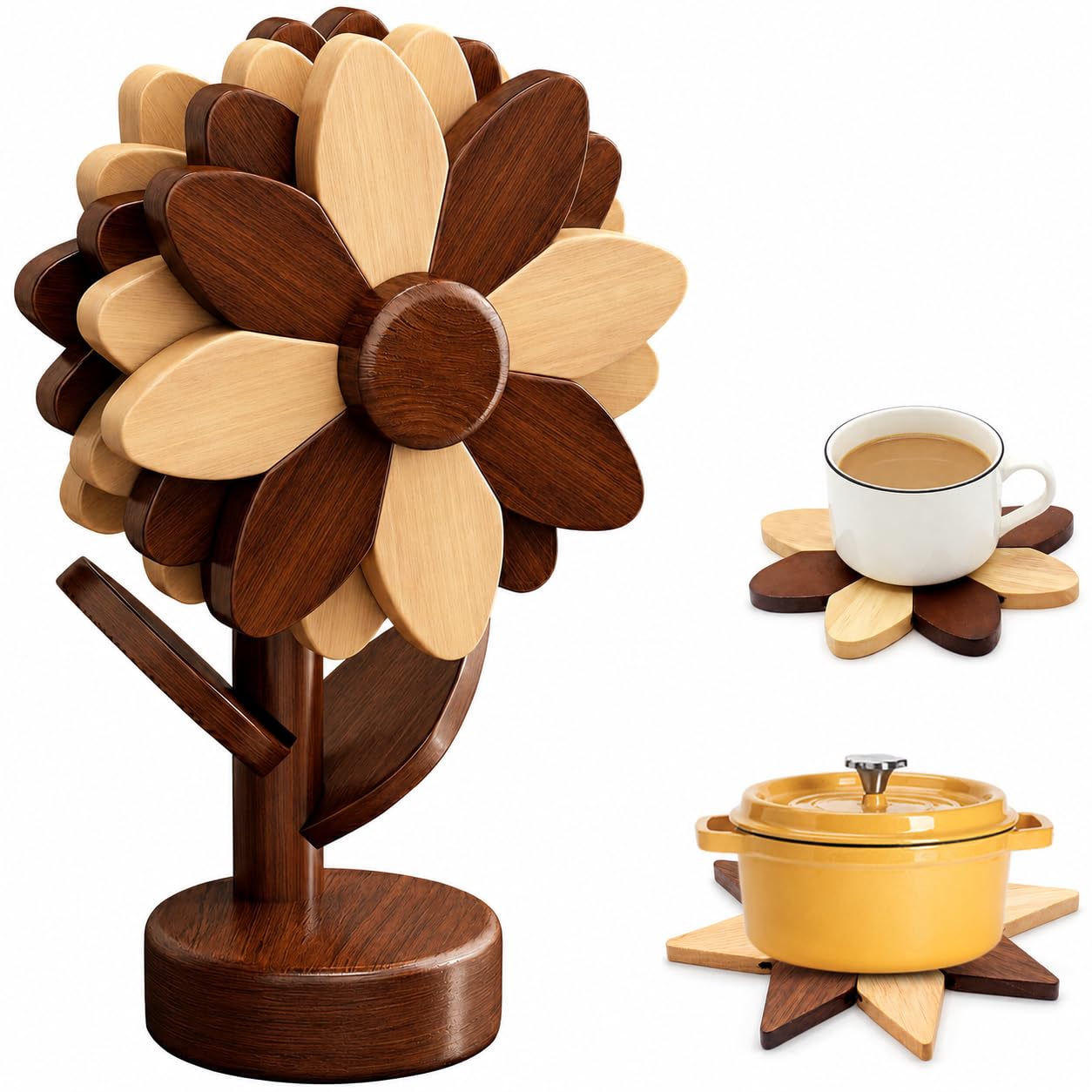 Photo 1 of Cycayit Sunflower Trivets, 5Pc Walnut & Beech Wood Set