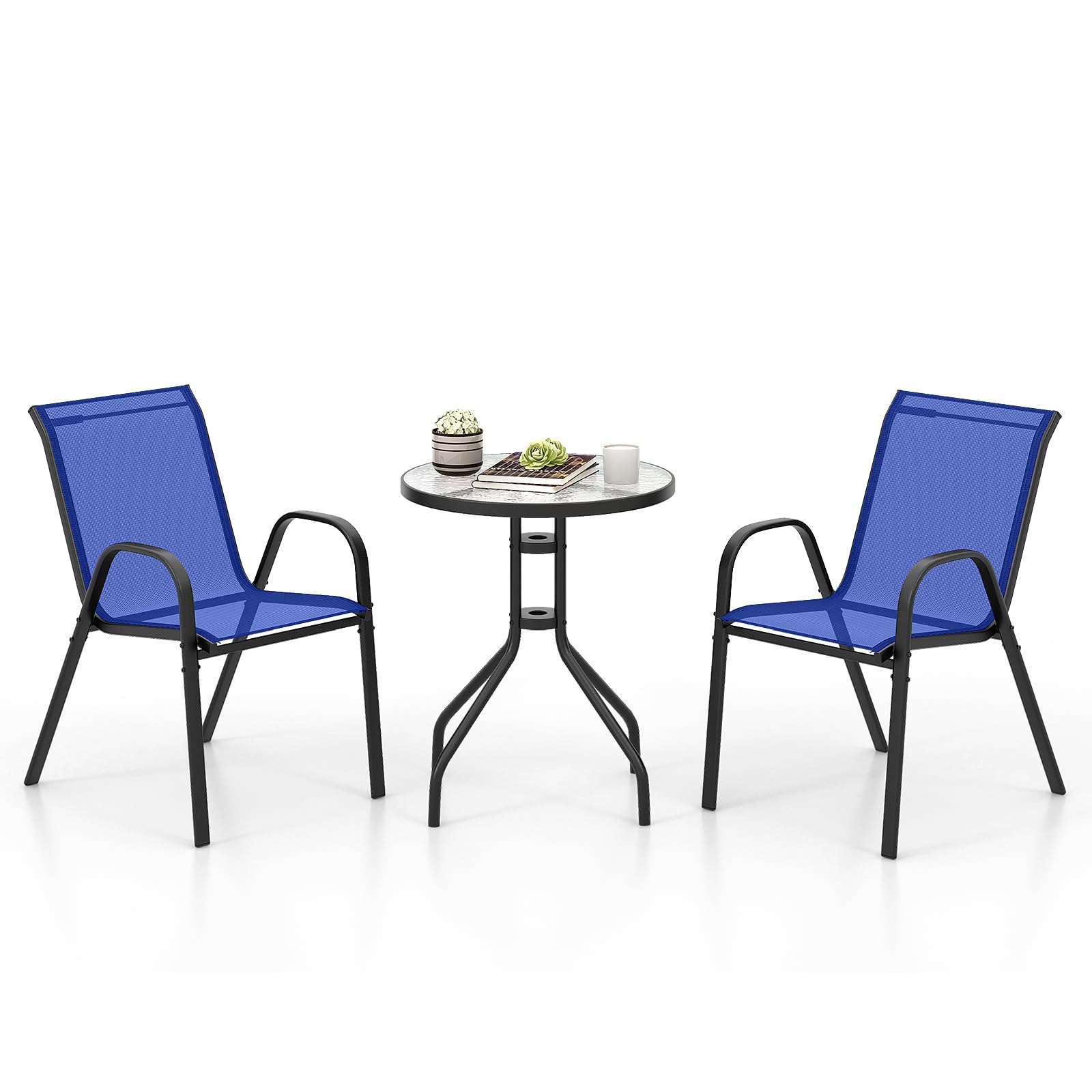 COSTWAY Set Mobili da Giardino 3 Pezzi, con Tavolo Rotondo in Vetro Temperato e 2 Sedie in Textilene Traspirante, per Esterno Balcone Giardino (Blu)