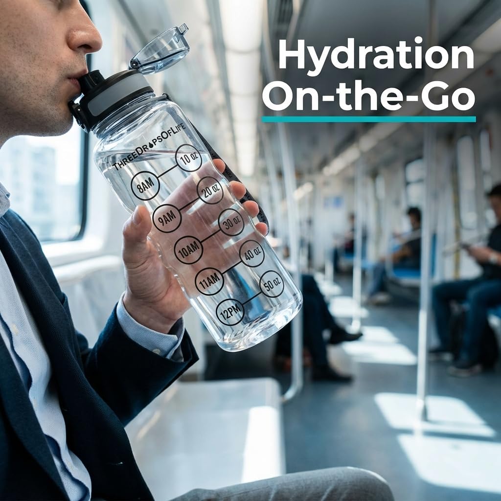 50oz Water Bottle Timer Reminder, Measuring Lines Container, Clear Tritan Plastic, BPA Free, Flip Top, Leak Proof Lid, Motivational Reminder Bottles, Reusable Time Markings for Drinking - Image 2