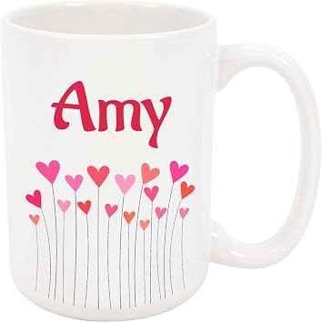 Amy Coffee Mug - Personalized Ceramic Hearts Cup with Name, Custom Mug, Customized Birthday/Christmas Gift, Holiday Present, 11 Oz