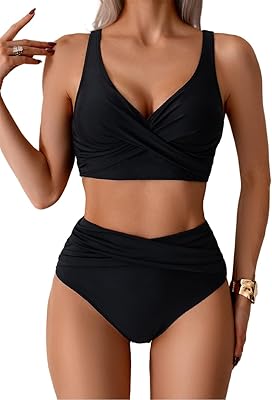 Tainehs Women's Two Piece Bikini Sets V Neck Push Up Swimsuit High Waisted Tummy Control Bathing Suit