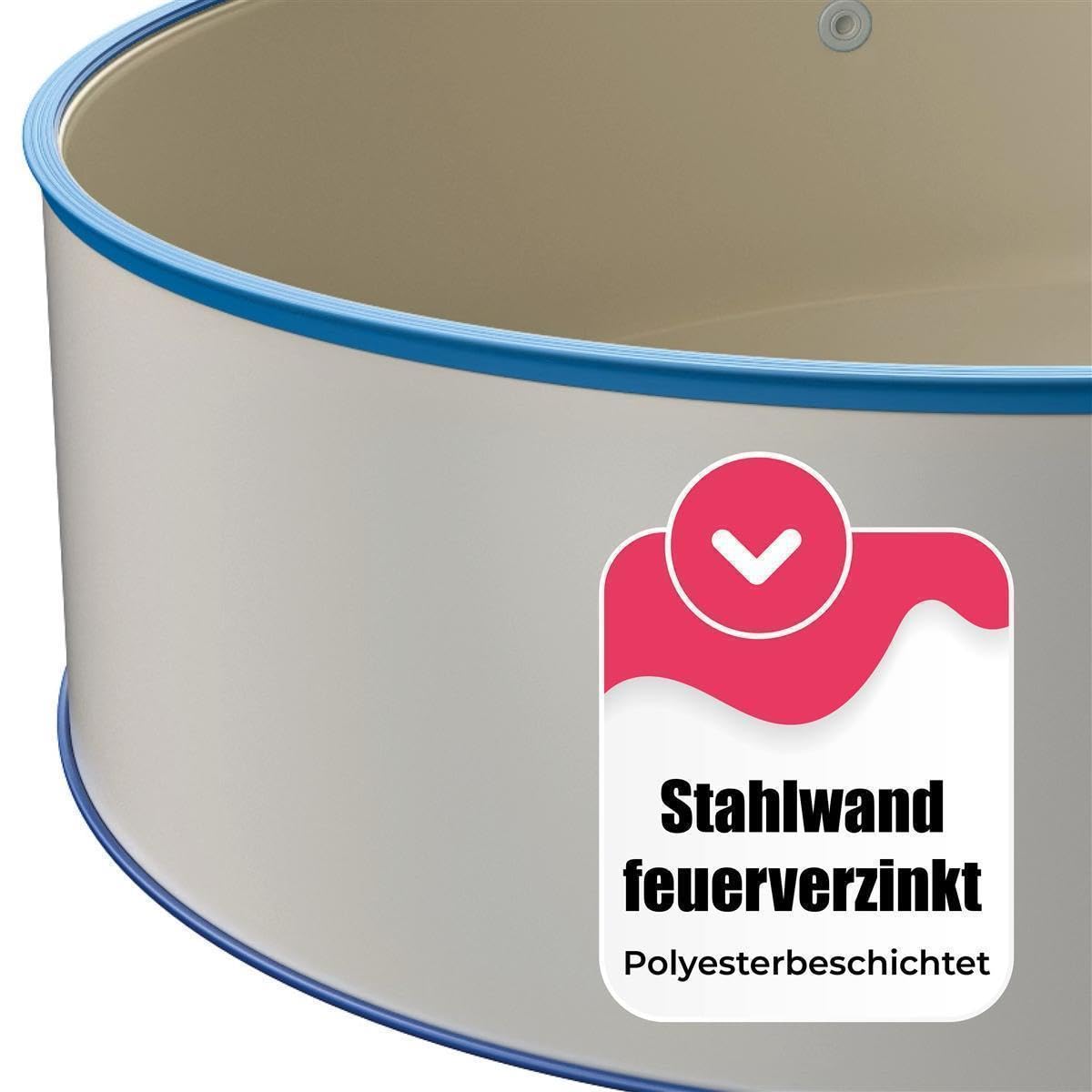 POWERHAUS24 Runder Stahlwandpool-Set Ø 3,00 x 1,20 m, inkl. Bodenschienen & Handlauf in Blau, Einbauskimmer-Set, Innenhülle 0,8 mm Sandfarben, Premium Qualität, Made in Europe