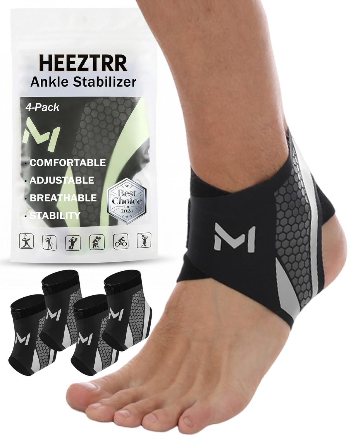 4-Pack Ankle Brace Compression Support Stabilizer Lace-Up Sports Basketball Sprain Recovery Adjustable Foot Ankle Orthopedic Grade Tendonitis Protection for Men & Women(Gray)