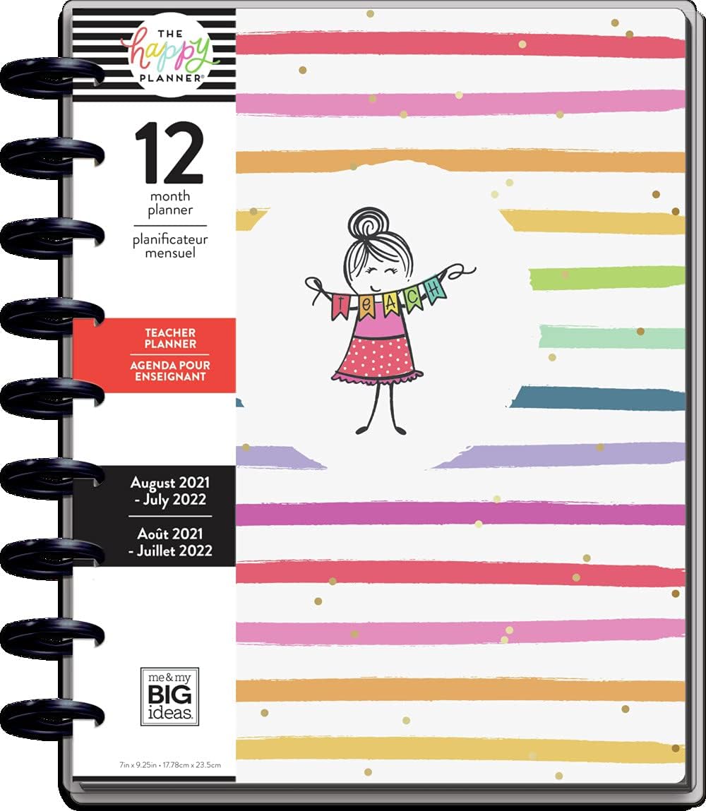 The Happy Planner Classic Sized 12 Month Teacher Planner - Stick Girl Teacher Theme - August 2021 - July 2022 - Teacher Layout - Monthly & Weekly Disc-Bound Pages - 8.75" x 9.75"