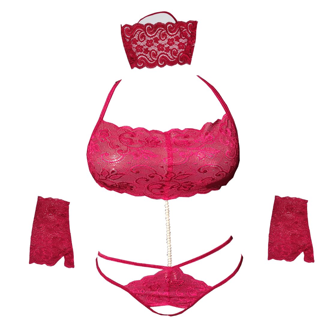 Women's Lace Pearl Tube Bra and Thongs Panty Lingerie Set, Free Size, Pink-image-18
