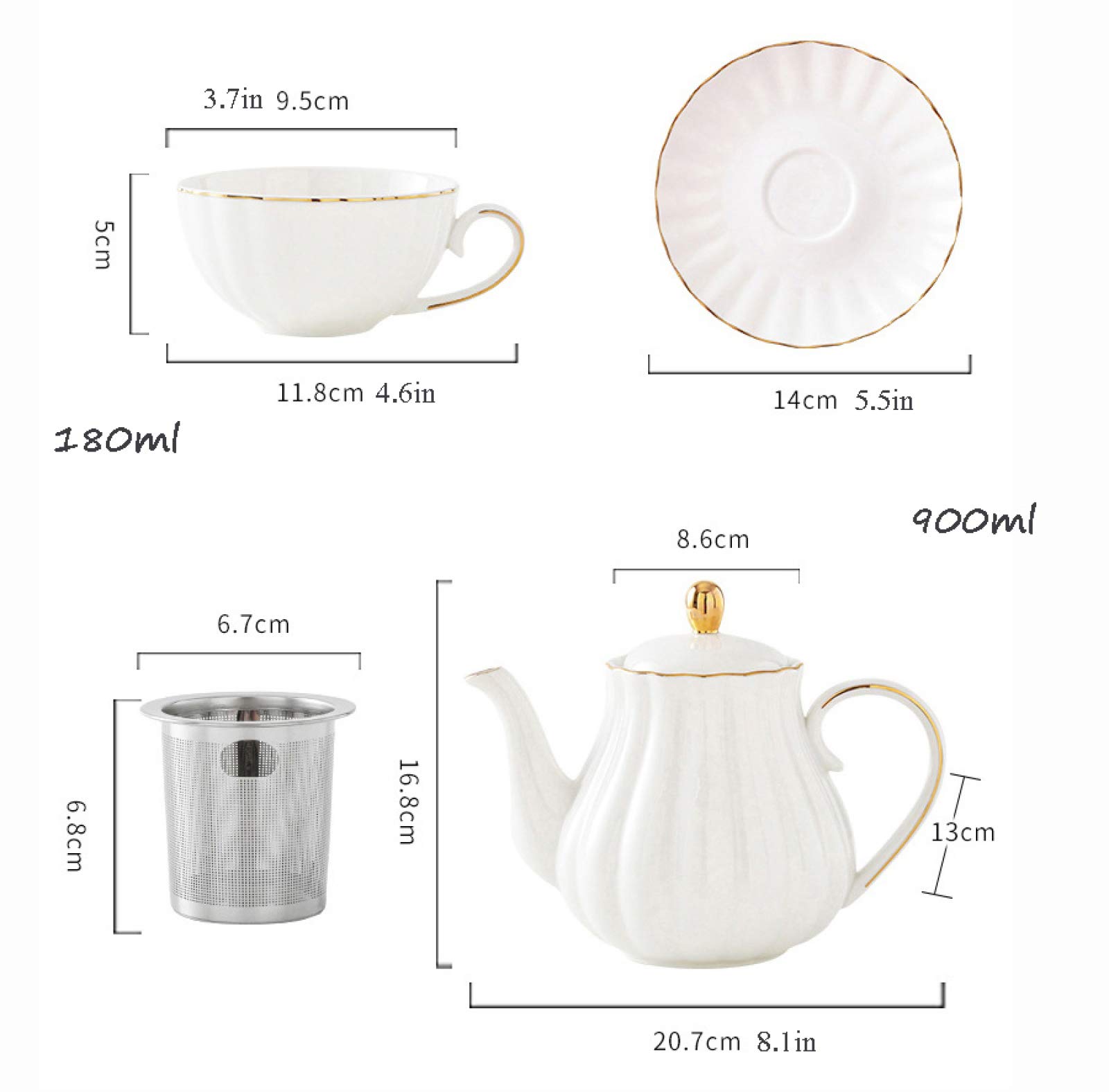 Zestaw do herbaty dla dorosłych – biały porcelanowy czajniczek z filiżankami i spodkami, elegancki design do serwowania herbaty lub kawy, idealny do rozrywki lub codziennego użytku