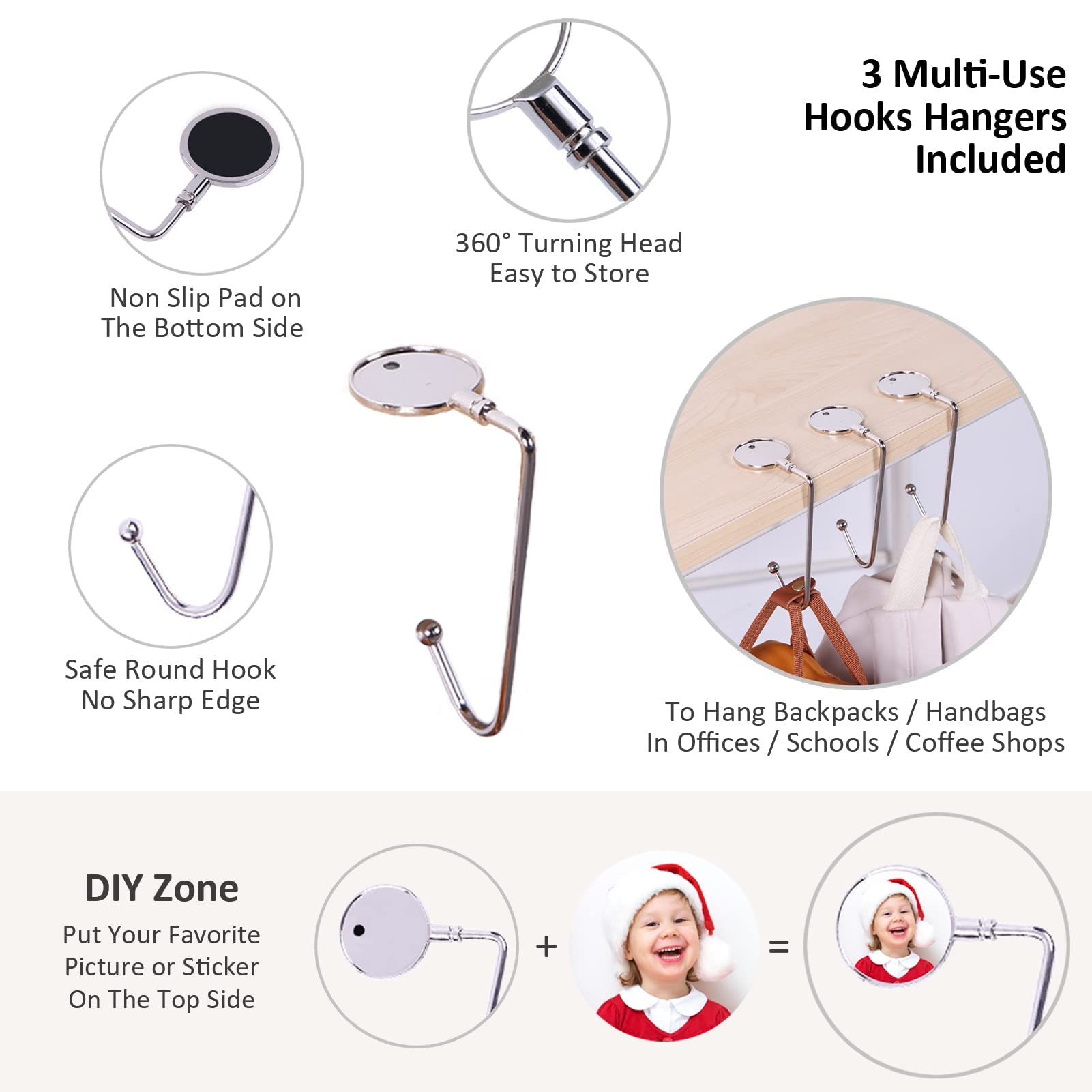 Weihnachtsstrumpf-Set mit 3 rutschfesten Haken, Weihnachtssocken, Geschenkbeutel, Süßigkeitenbeutel, großer Weihnachtsbaumschmuck, Rentier, Kamin zum Aufhängen (Silber & Weiß)