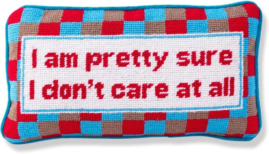 FURBISH Needlepoint Decorative Throw Pillow - Don't Care - 9" x 15" - Small Embroidered Accent Pillow for Bed, Chair, Couch, Sofa - Eclectic Home Decor