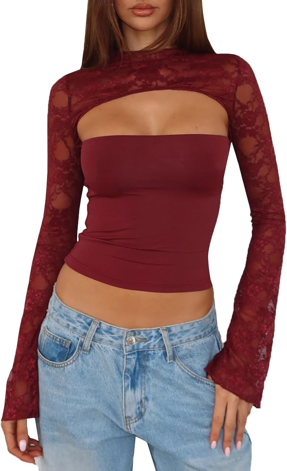 Women Lace Long Sleeve Going Out Tops Y2k Cutout Sexy Party Club Shirt