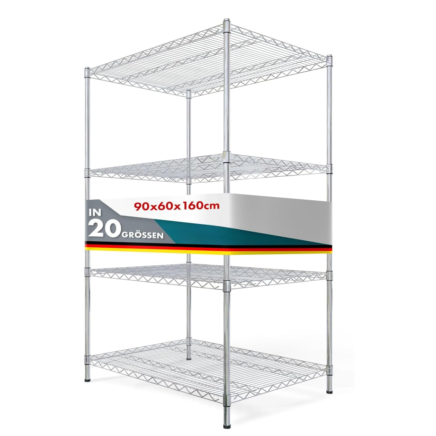 casa pura Schwerlastregal Lagerregal - dekoratives Schraubregal Gitterregal - Metallregal pro Boden bis 150 kg belastbar - Regal aus verchromtem Stahl (4 Böden - 90(B) x60(T) x160(H) cm) Himalaya