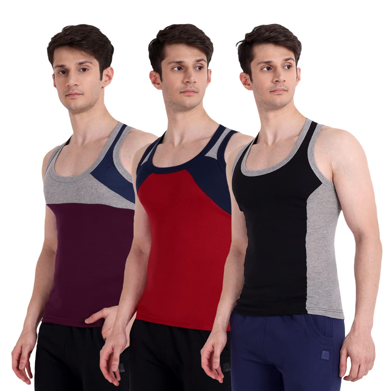 KANSAL Men's Ribbed Cotton Gym Vest (Pack of 3)