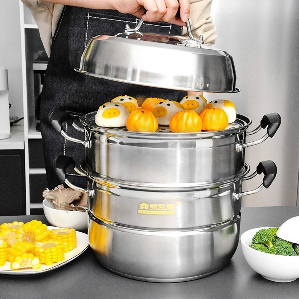 Zestaw naczyń do gotowania na parze ze stali nierdzewnej z pokrywką 3-poziomowy garnek do gotowania na parze Kuchenka indukcyjna Uniwersalny garnek gazowy 28 cm (30 cm) (30 cm)