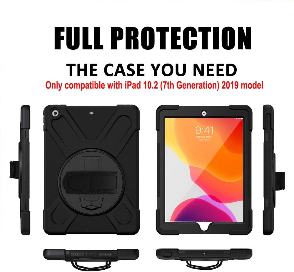 Flash Sale Buy 1 get 1 Litchi iPad 9th Generation Case 2021, iPad 8th Generation Case 2020, iPad 7th Generation Case with Strap Pencil Holder Kickstand Shoulder Belt for iPad 10.2 inch-Black