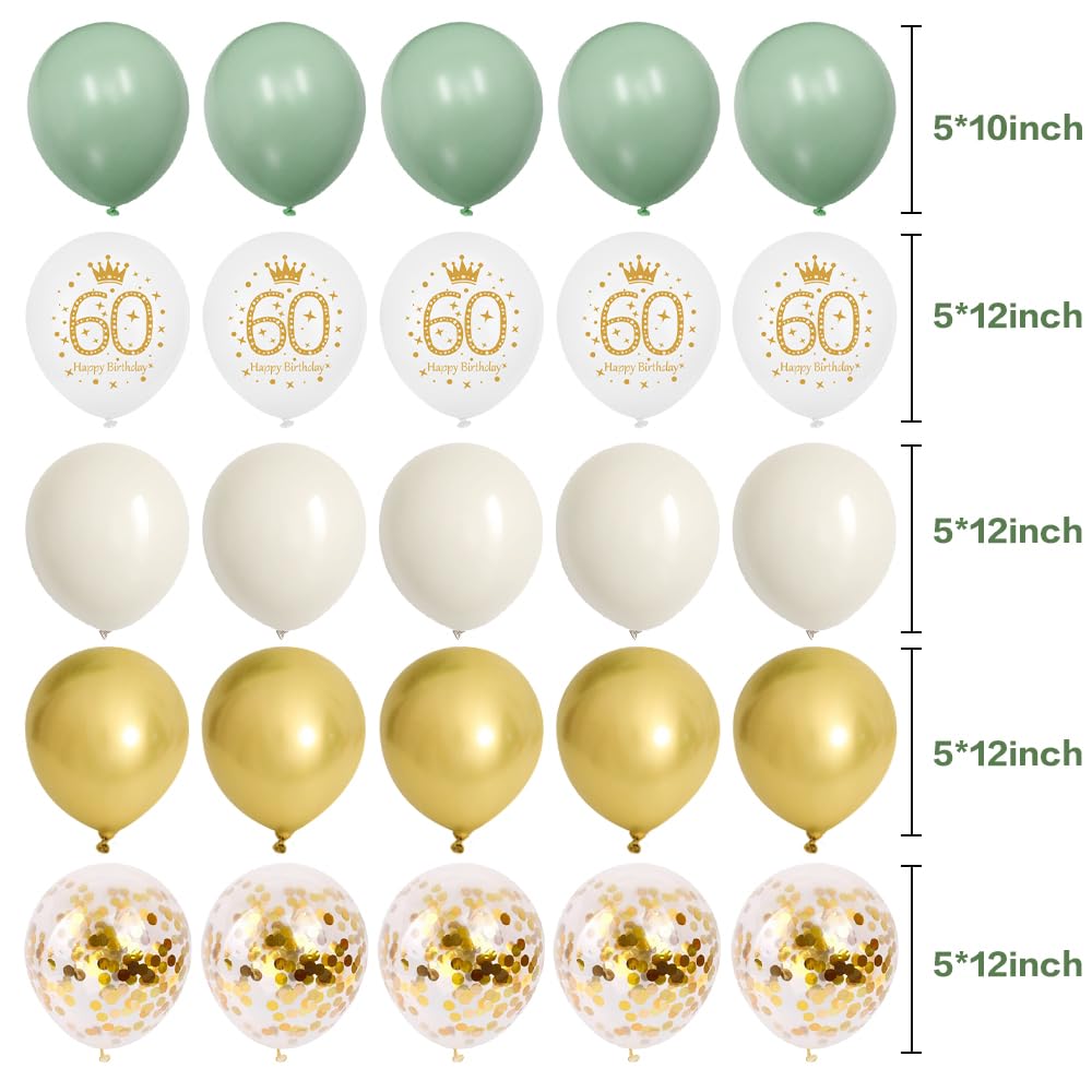 Decorazioni 60° Compleanno Oro Bianco Verde Salvia - Palloncini E Striscione Con Numeri - 3