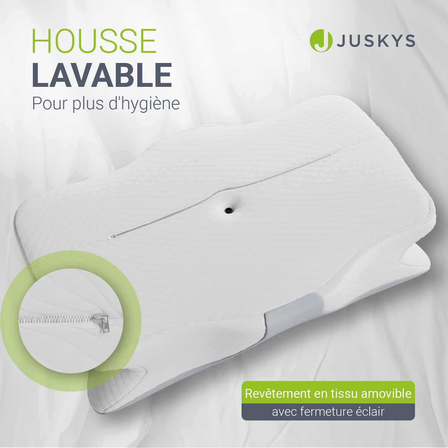 Juskys Coussin Cervical 1 pièce – Oreiller Ergonomique mémoire de Forme, Housse Respirante – Soutien de Nuque pour Un Sommeil sain – Blanc/Gris