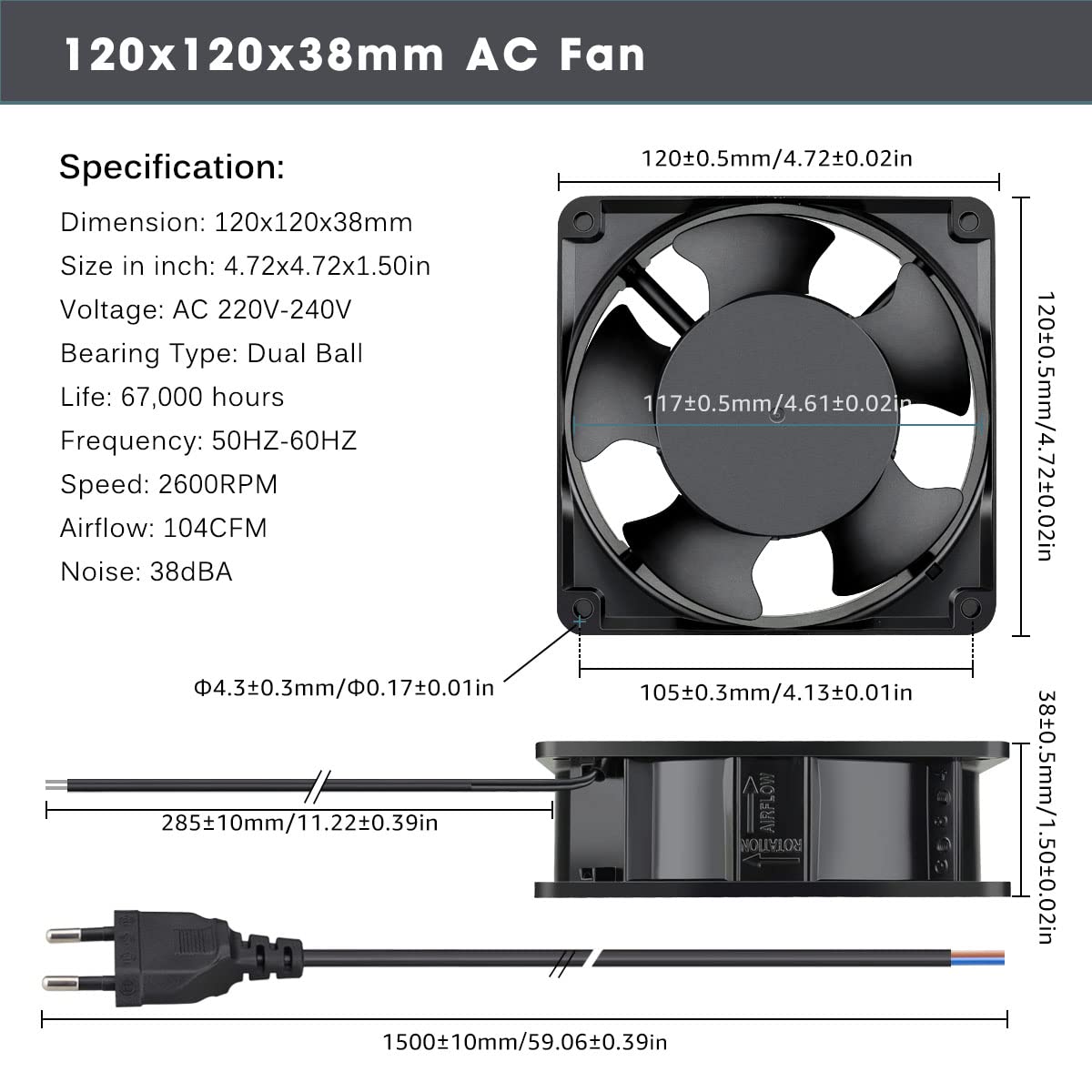 GDSTIME Ventilateur axial 220 V CA 120 mm 120 x 38 230 V double roulement à billes