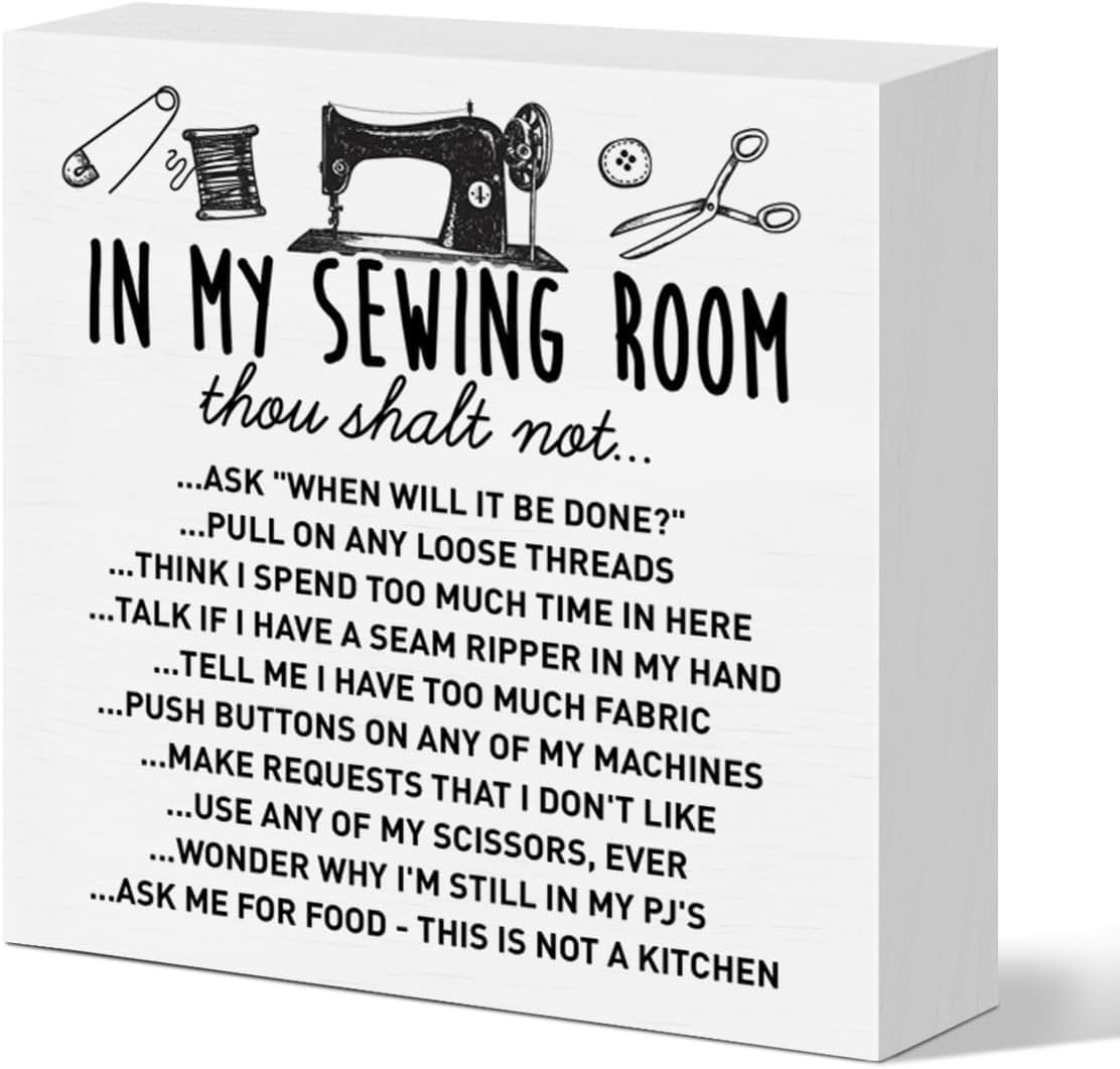 Sewing Room Box Sign 7x7 Inch Funny Rustic Wood Desk Decor