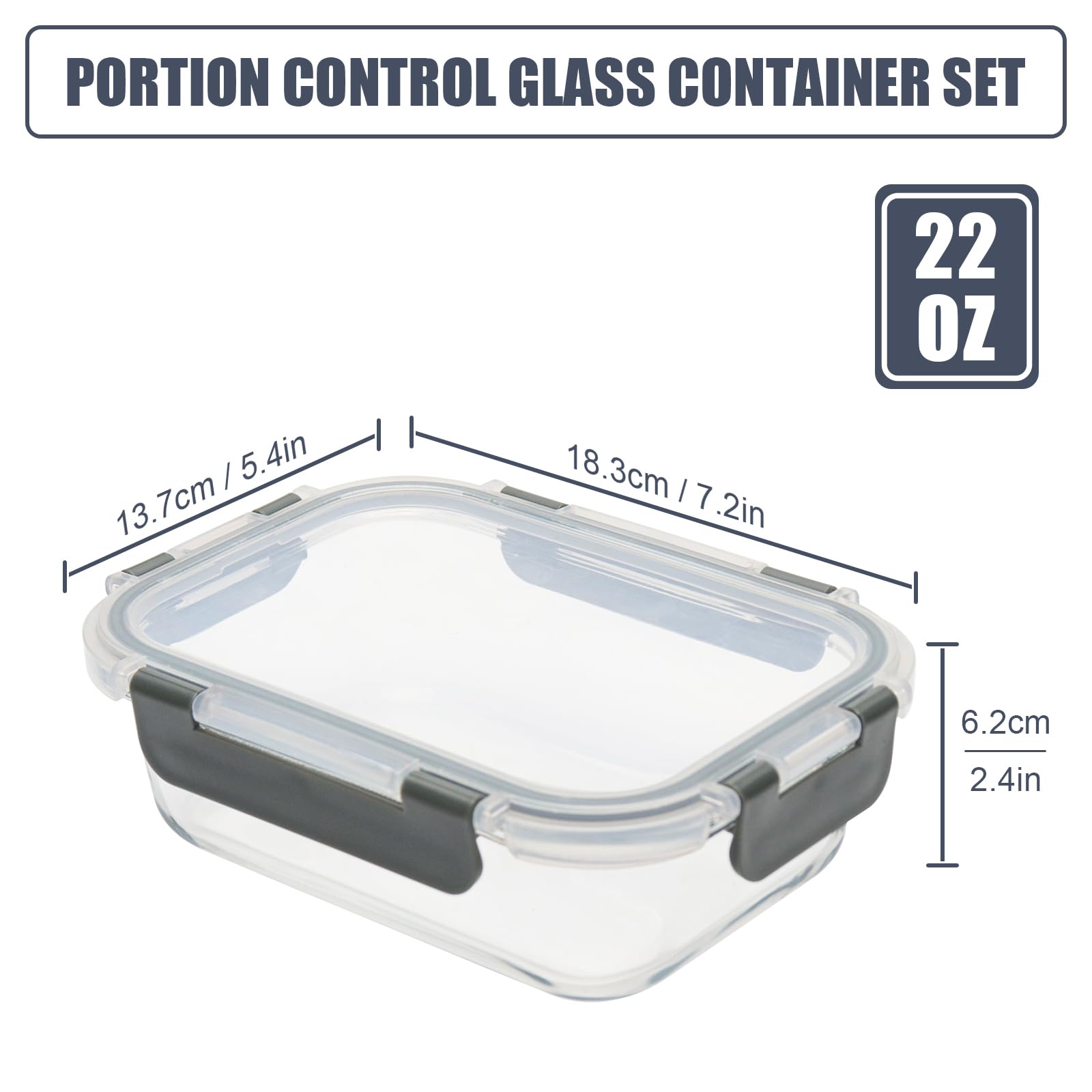 6 x 625 ml Glasbehälter für Mahlzeiten, Lebensmittelbehälter-Sets mit auslaufsicheren Schnappdeckeln für Mikrowelle, Ofen, Gefrierschrank und Spülmaschine (Grau, 625 ml)