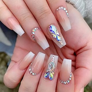 Ombre Pink Press on Nails Medium Coffin Fake Nails Luxurious False Nails with Crystal Gem Designs Bling Acrylic Artificial Nails Square Stick on Nails for Women Girls 24Pcs