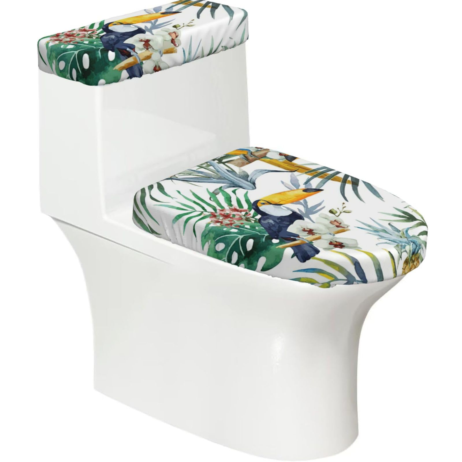 Tropical Leaves Bird Print Bathroom Decor Toilet Lid Cover And Tank Covers, Restroom Accessories Fits Most Round