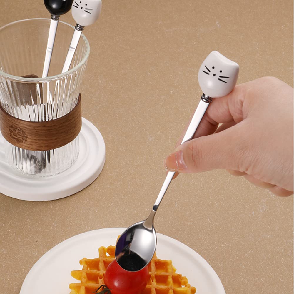 6 Cucchiaini Da Caffè A Testa Di Gatto - Acciaio Inox E Ceramica, Bianco E Nero - Foto 10