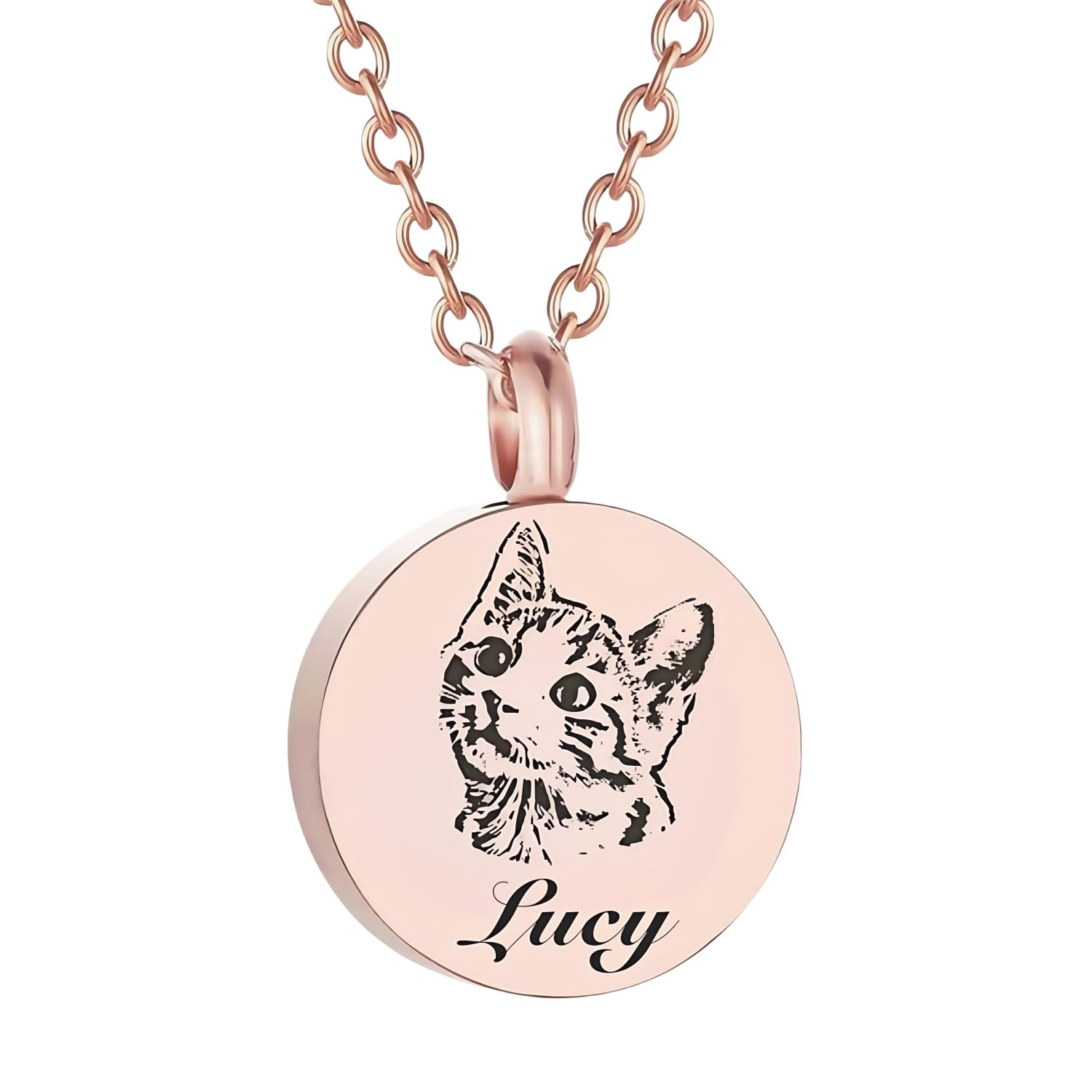 TSD Custom Personalized Circular Pet Memorial Necklace - Custom Pet Portrait Name Engraved Cremation Jewelry for Ashes Stainless Steel Urn Pendant Necklace for Dog Cat Lovers Memorial (Pink)