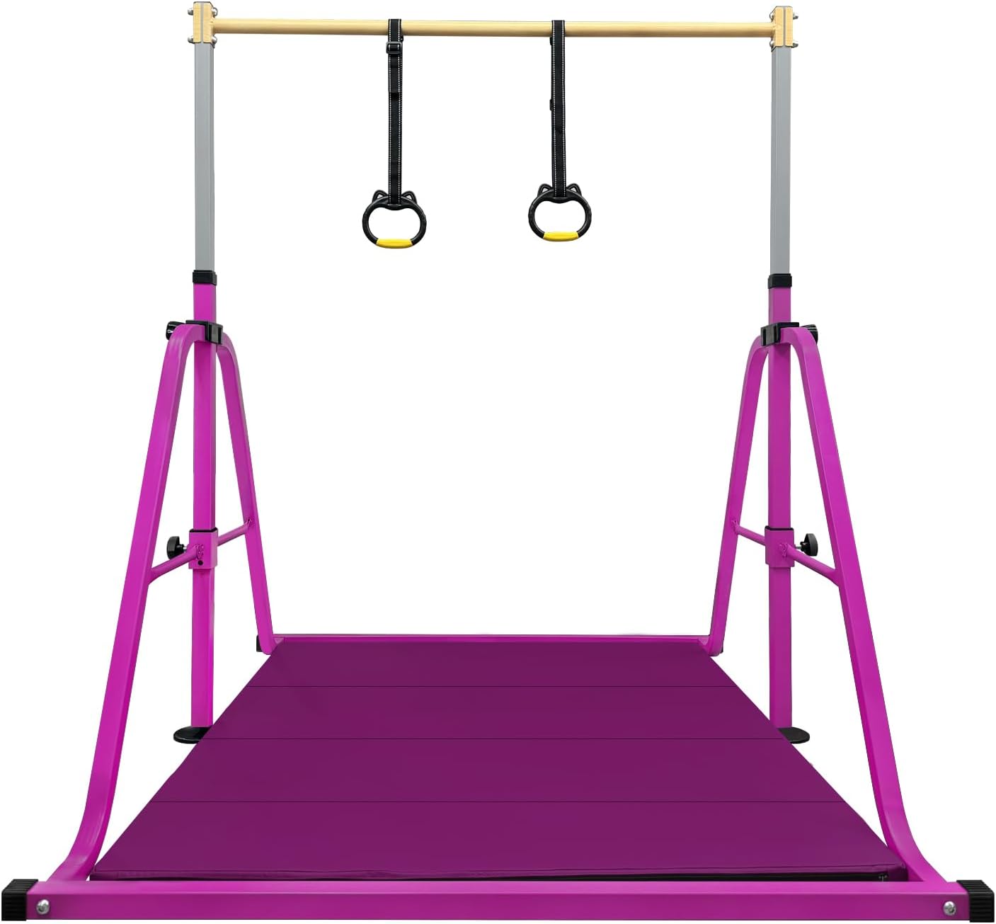 Foldable Gymnastics Kip Bar with Mat and Ring Set,3' to 5' Height Adjustable,Kids Gymnastic Equipment for Ages 3-15,Indoor and Home Training- Max Load 350LBS