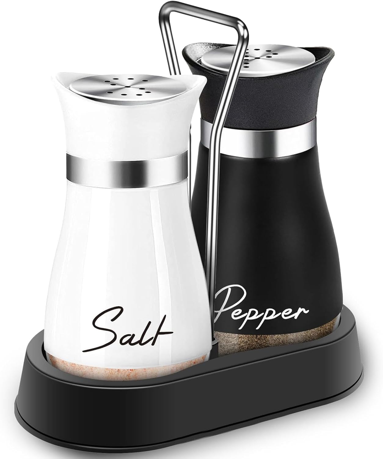 ChicAbode 2 PCS Stainless Steel and Glass Salt and Pepper Shaker Set with Holder | Black and White Salt and Pepper Shakers Kitchen Essential | Durable and Elegant Design (Black&White)