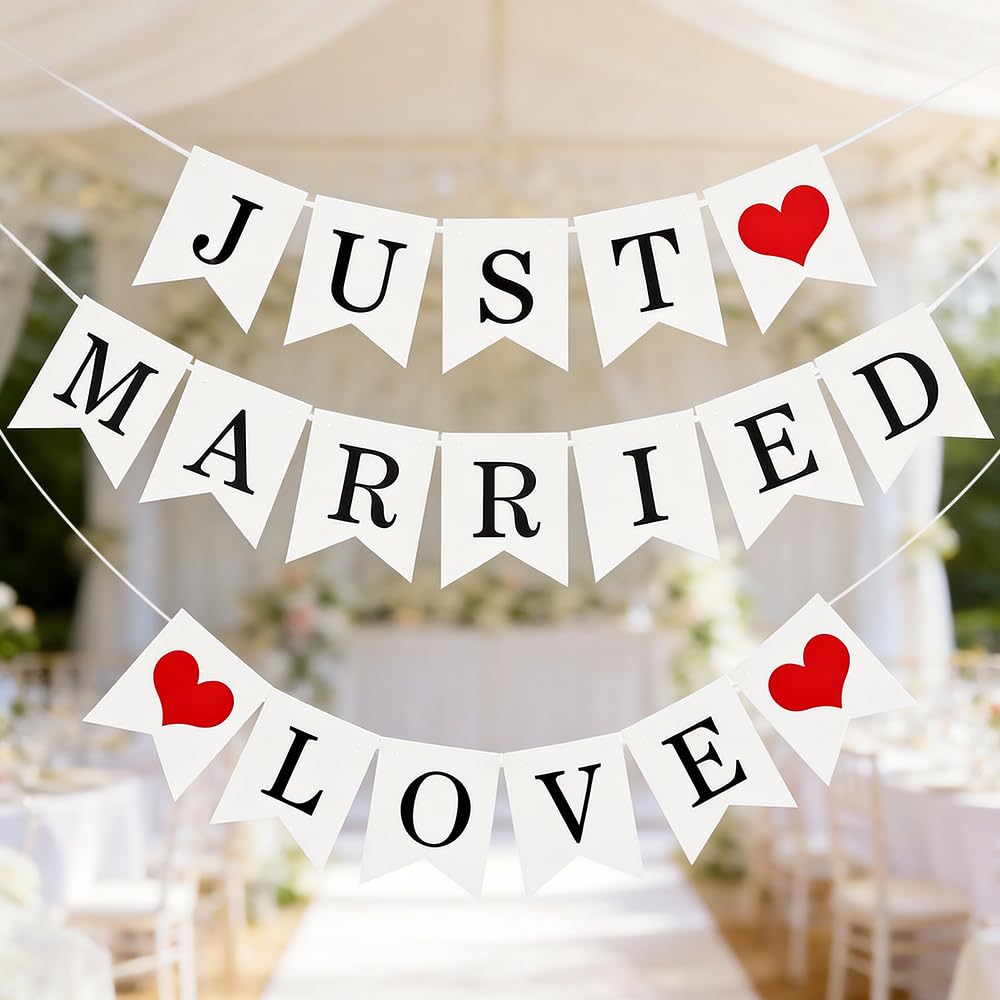 Wedding Decorations Just Married Banners - 2-Piece Reusable Folding Banner Set for Wedding Party, Reception, Bridal Shower Decorations