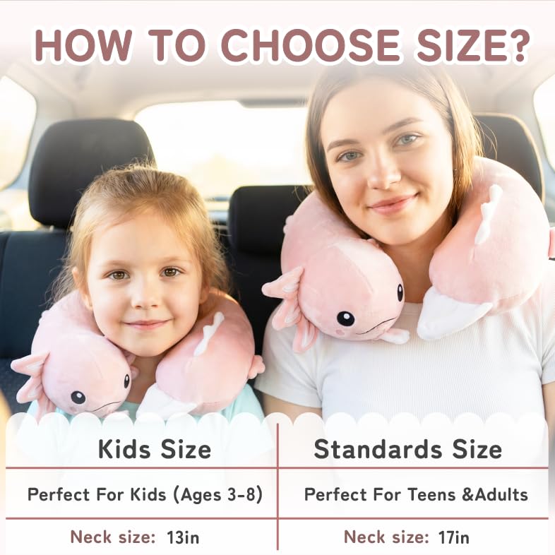 Image of Memory Foam Kids Travel Neck Pillow for Ages 9+, Blue Axolotl Design | Removable cover, machine washable, 360-degree head & chin support, 17 in neck size for teens and adults, car & airplane use