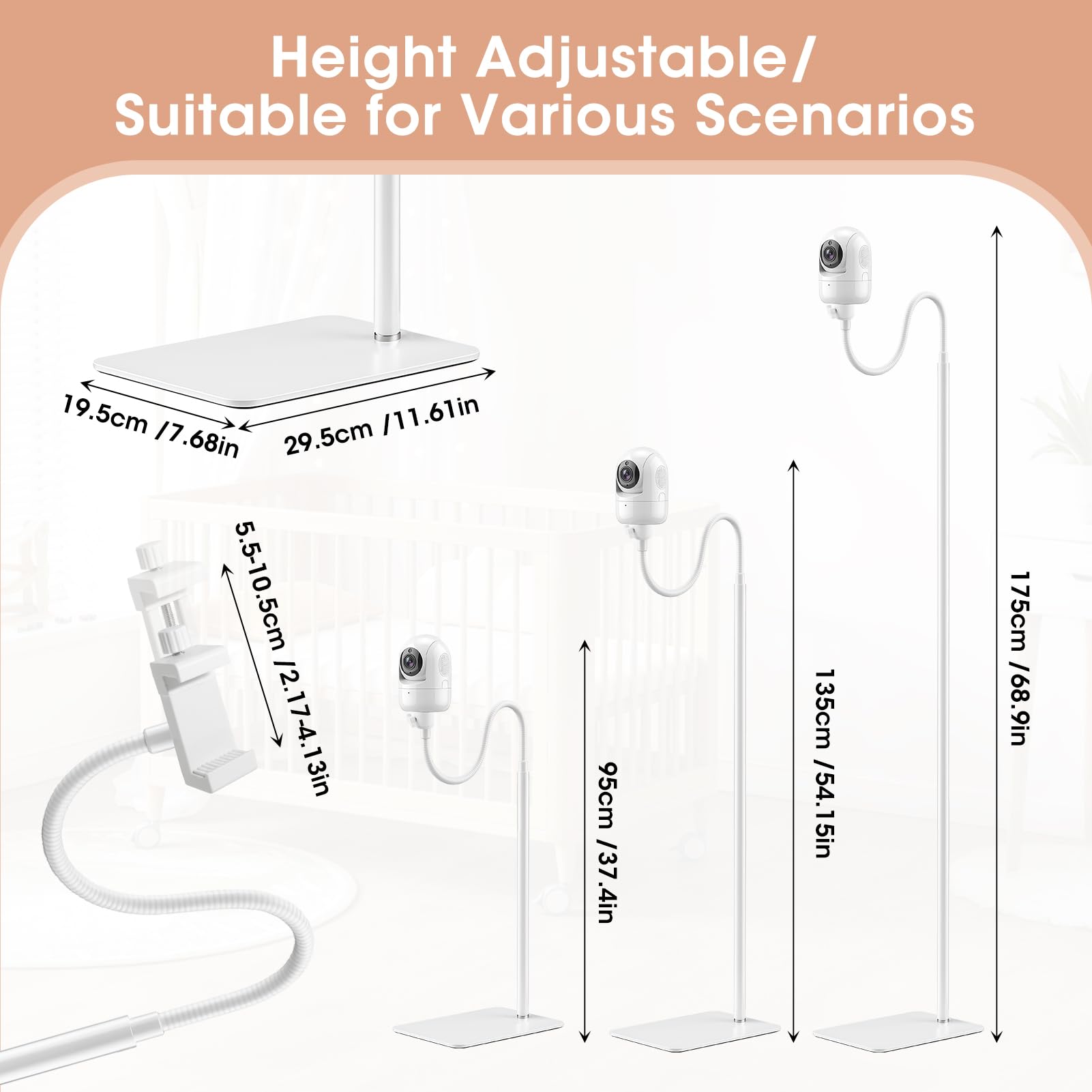 Support universel pour moniteur de bébé, hauteur réglable de 95 à 175 cm, compatible avec HelloBaby, VTech, TP-Link, Babysense, Boifun et toutes les caméras avec support de moniteur bébé à vis 6,35 mm