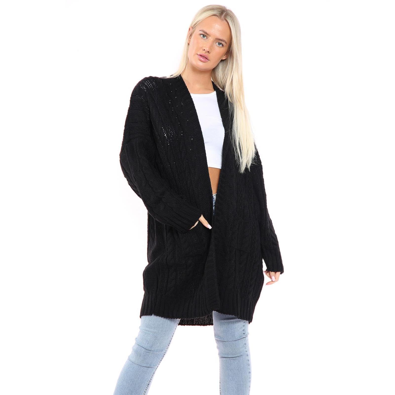 Janisramone Women's Black Janisramone® Chunky Cardigans, Baggy Oversized Cable Knitted Cape Cardigan, Warm Longline Cardigans For Uk Open Front Long Cardigan With Pockets, Winter Outwear